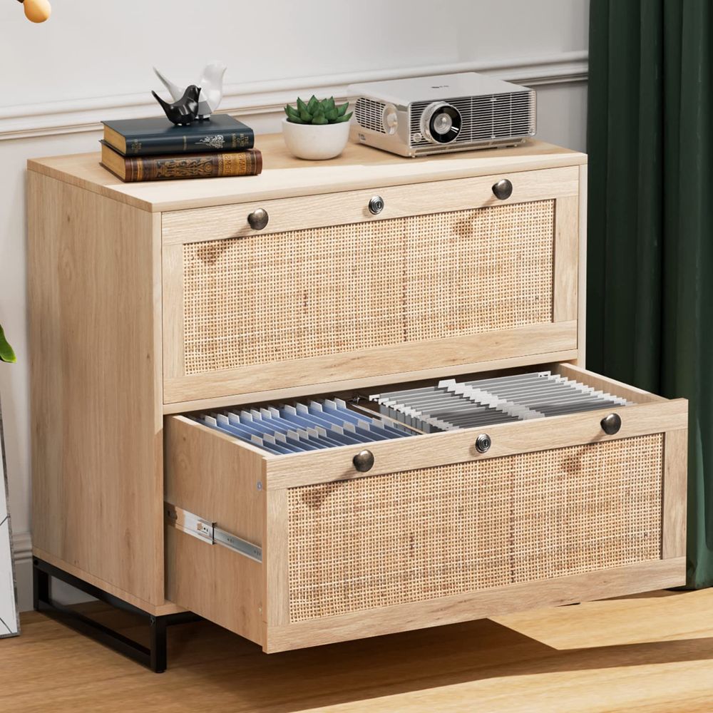 File Cabinet Lateral - Wood Rattan 2Drawer Lateral File Cabinet