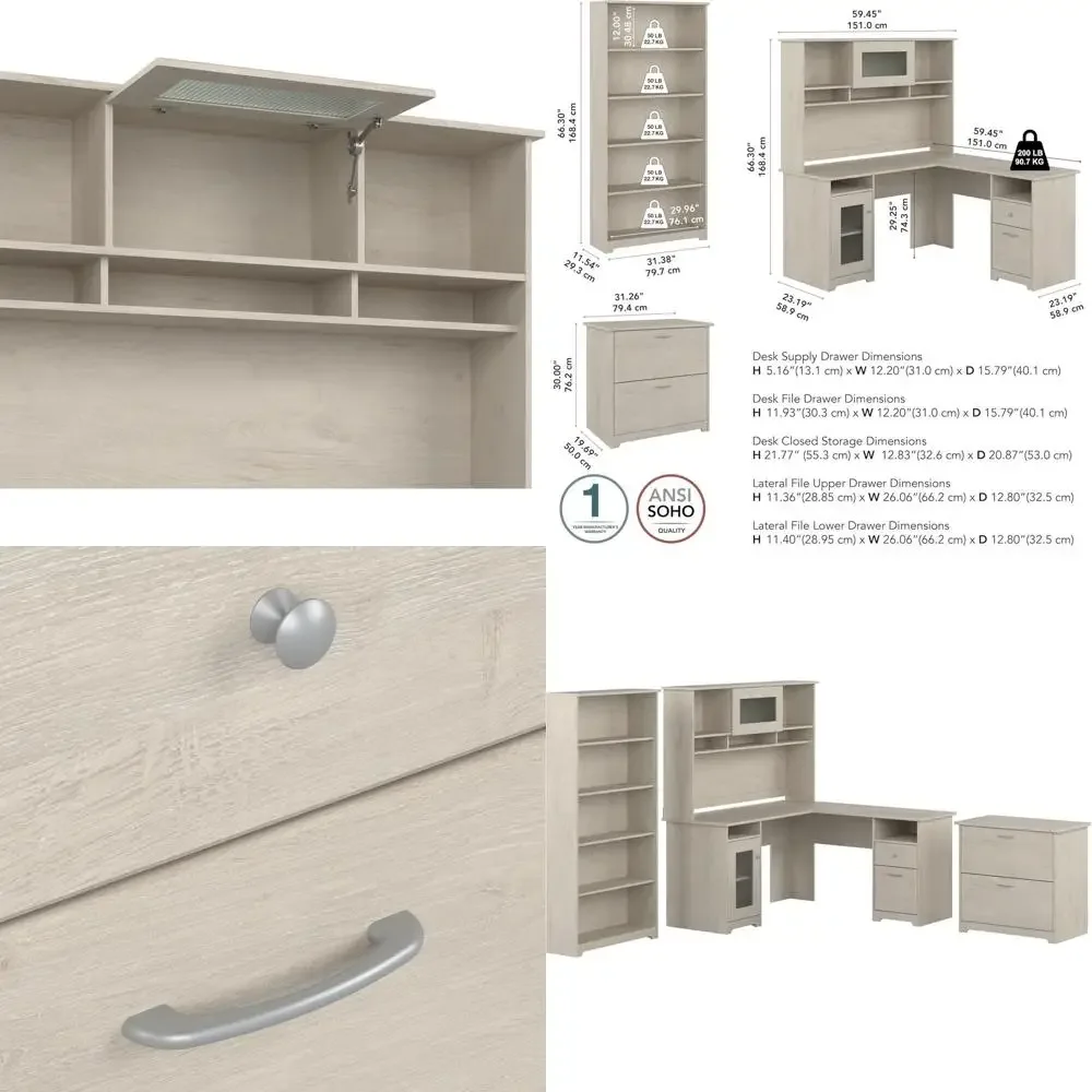 File Cabinet Lateral - L-Shaped Desk with Hutch, 5-Shelf Bookcase,